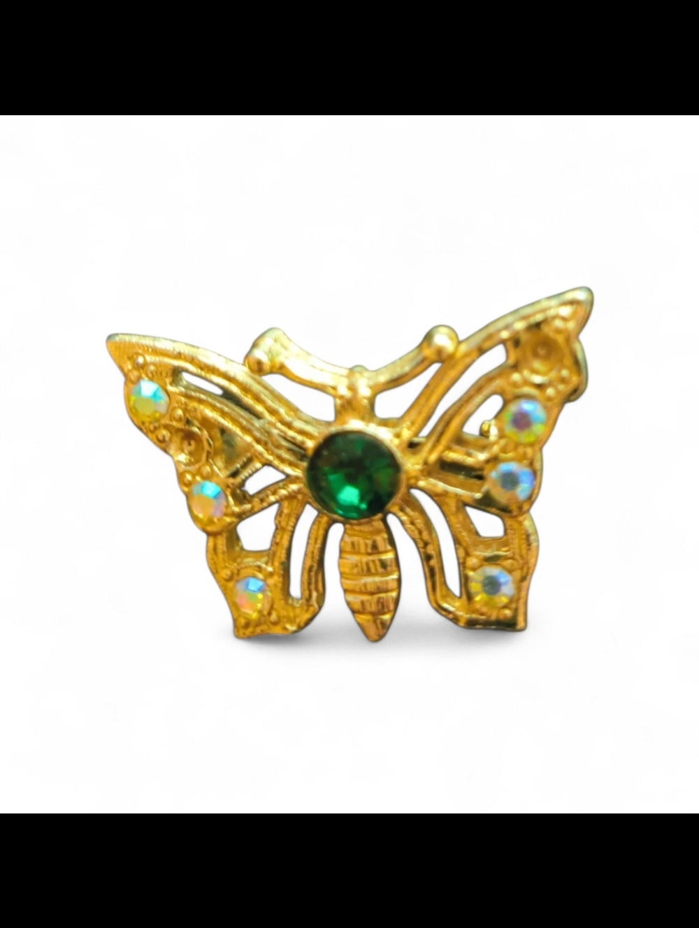 Vintage Gold Tone Butterfly Brooch Green Rhinestone Iridescent Aurora Borealis